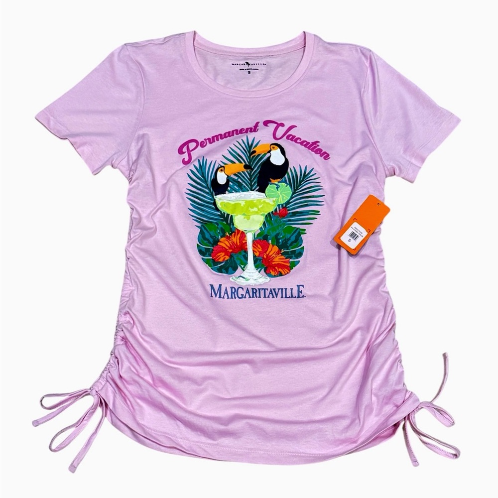 NWT! Jimmy Buffet Margaritaville Pink "Permanent Vacation" Ruched Side Tie Tee